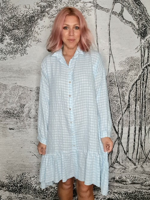 Baby Blue Ida Check Shirt Dress-Viscose/Cotton