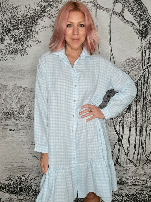 Baby Blue Ida Check Shirt Dress-Viscose/Cotton