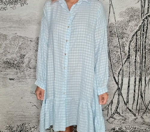 Baby Blue Ida Check Shirt Dress-Viscose/Cotton