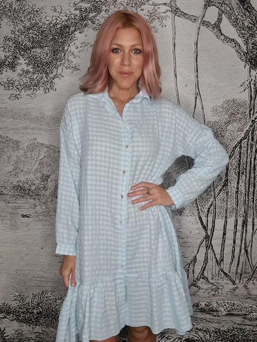 Baby Blue Ida Check Shirt Dress-Viscose/Cotton