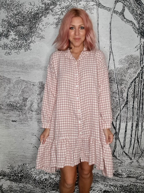 Pink Ida Check Shirt Dress-Viscose/Cotton