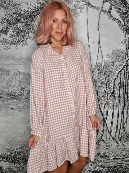 Pink Ida Check Shirt Dress-Viscose/Cotton