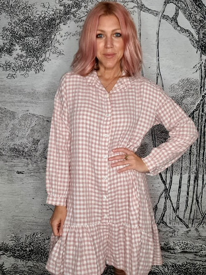 Pink Ida Check Shirt Dress-Viscose/Cotton