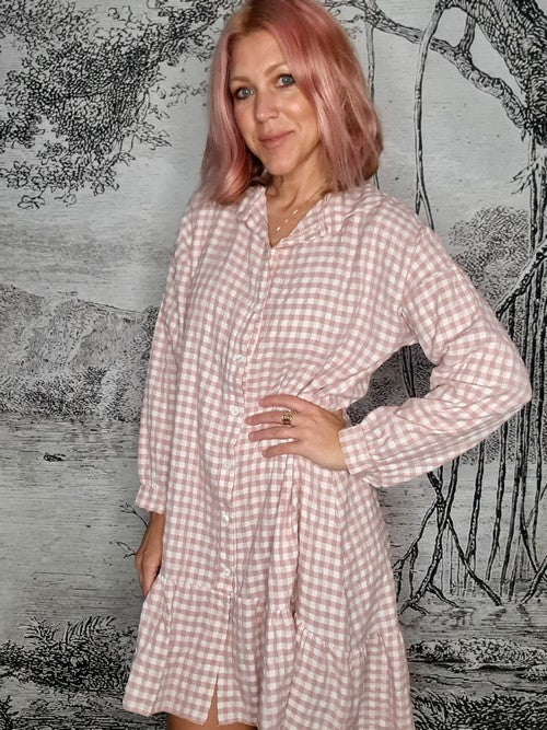 Pink Ida Check Shirt Dress-Viscose/Cotton