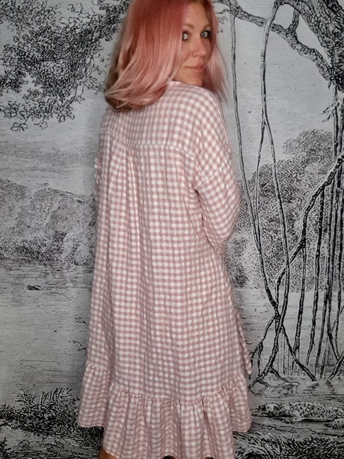 Pink Ida Check Shirt Dress-Viscose/Cotton