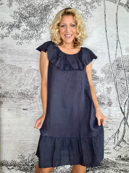 Navy Plain Stella Frill Dress