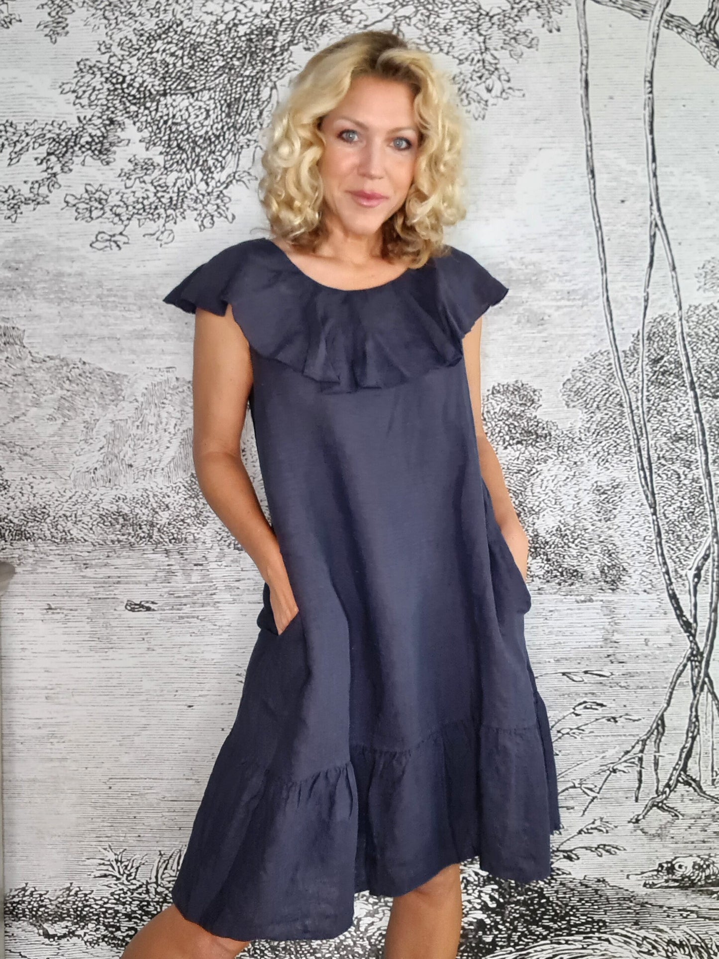 Navy Plain Stella Frill Dress