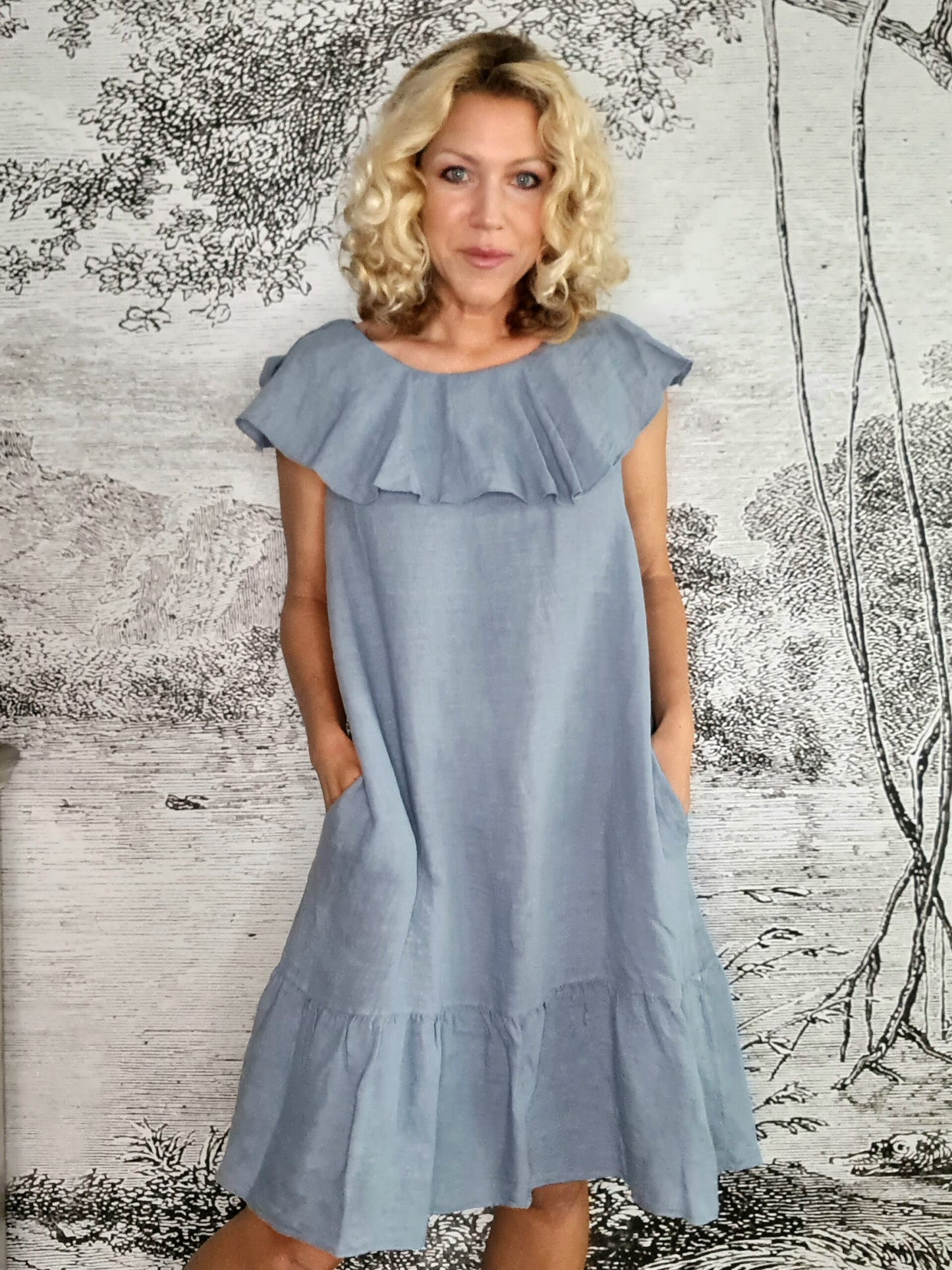 Pale Petrol Plain Stella Frill Dress