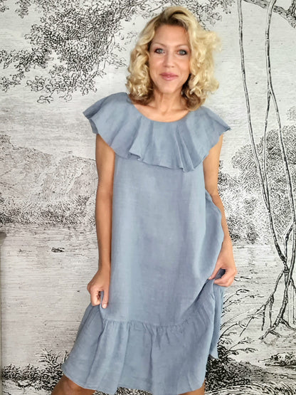 Pale Petrol Plain Stella Frill Dress