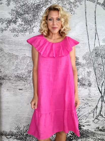 Hot Pink Plain Stella Frill Dress