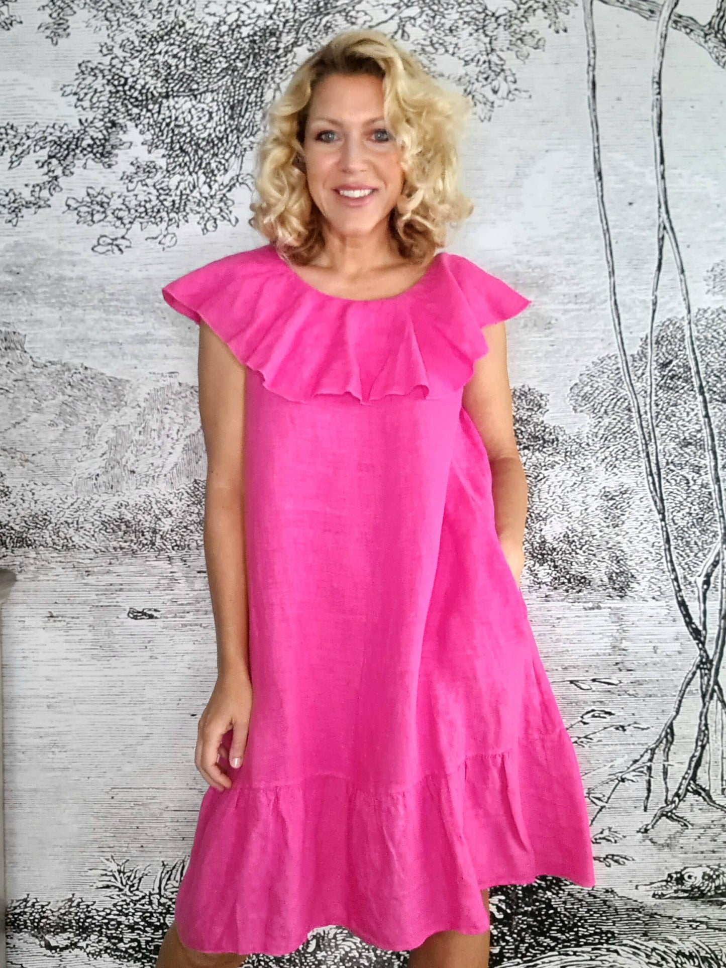 Hot Pink Plain Stella Frill Dress