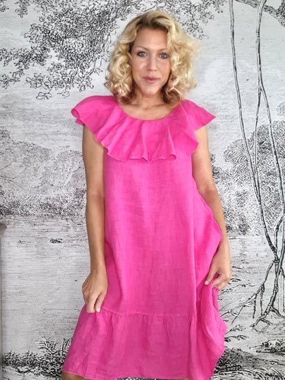 Hot Pink Plain Stella Frill Dress