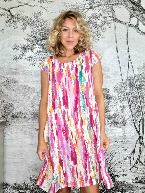 Hot Pink Rainbow Full Linen Tiffany Dress