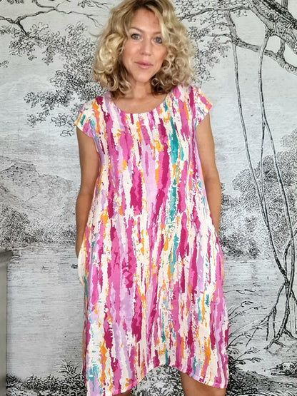 Hot Pink Rainbow Full Linen Tiffany Dress