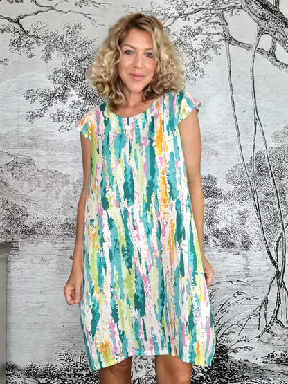 Green Rainbow Full Linen Tiffany Dress