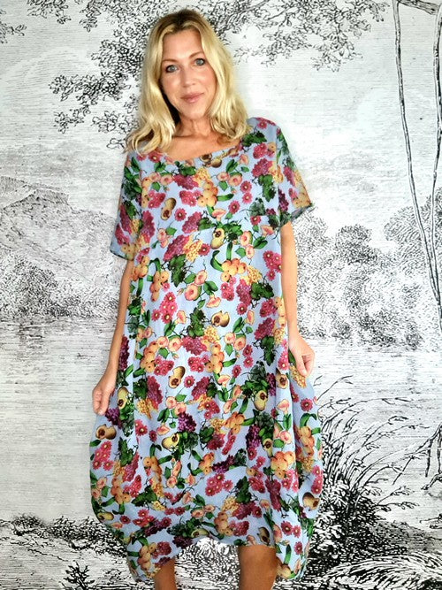 Petrol Wild Fruit Mid Sleeve Maxi Dress