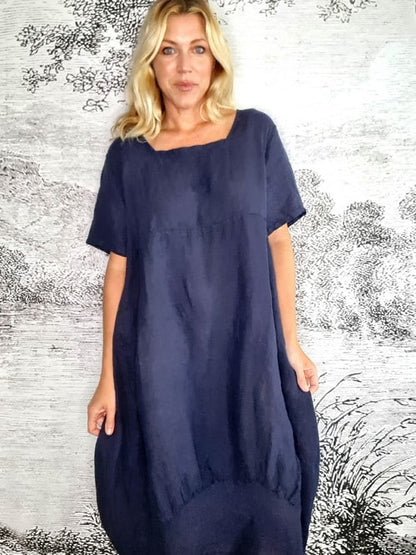 Navy Plain Mid Sleeve Maxi Dress