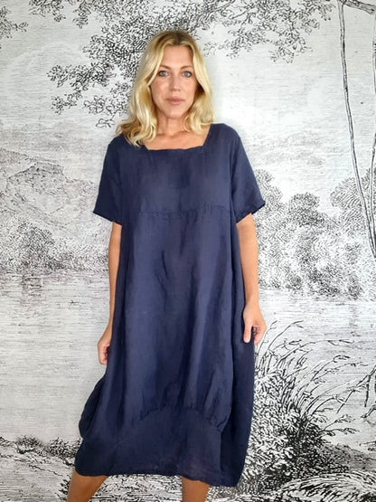 Navy Plain Mid Sleeve Maxi Dress