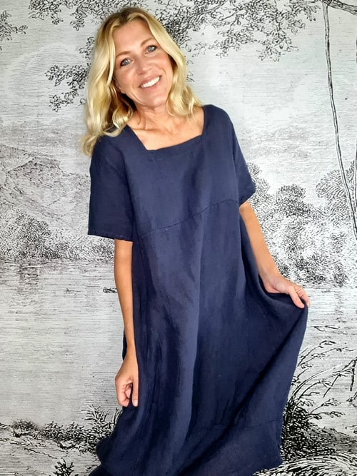 Navy Plain Mid Sleeve Maxi Dress