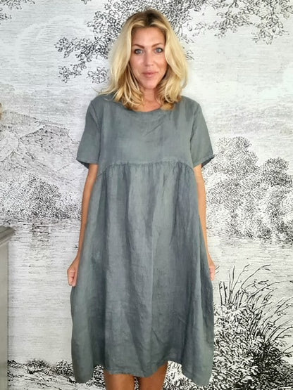 Grey Plain Tee Shape Linen Dress