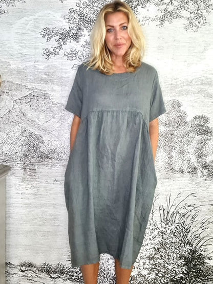 Grey Plain Tee Shape Linen Dress