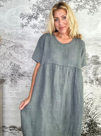 Grey Plain Tee Shape Linen Dress