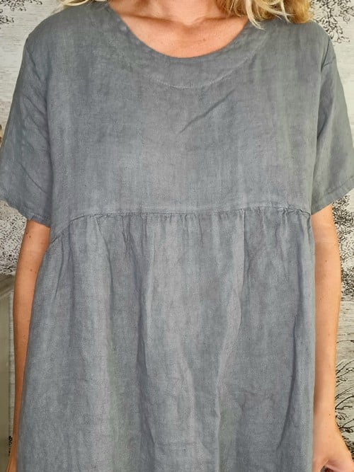 Grey Plain Tee Shape Linen Dress