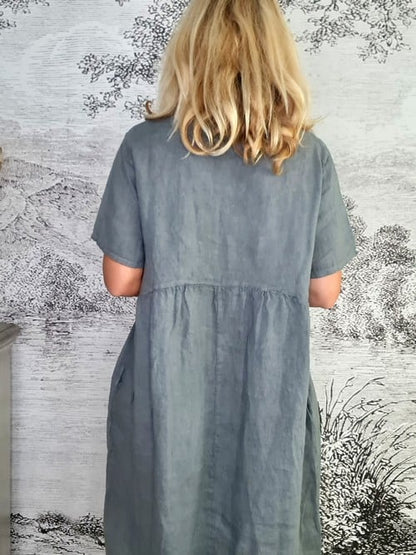 Grey Plain Tee Shape Linen Dress