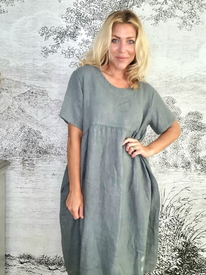 Grey Plain Tee Shape Linen Dress