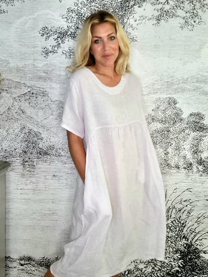 Pale Lavender Plain Tee Shape Linen Dress