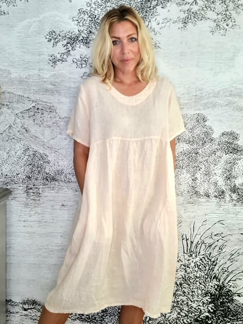 Peach Plain Tee Shape Linen Dress