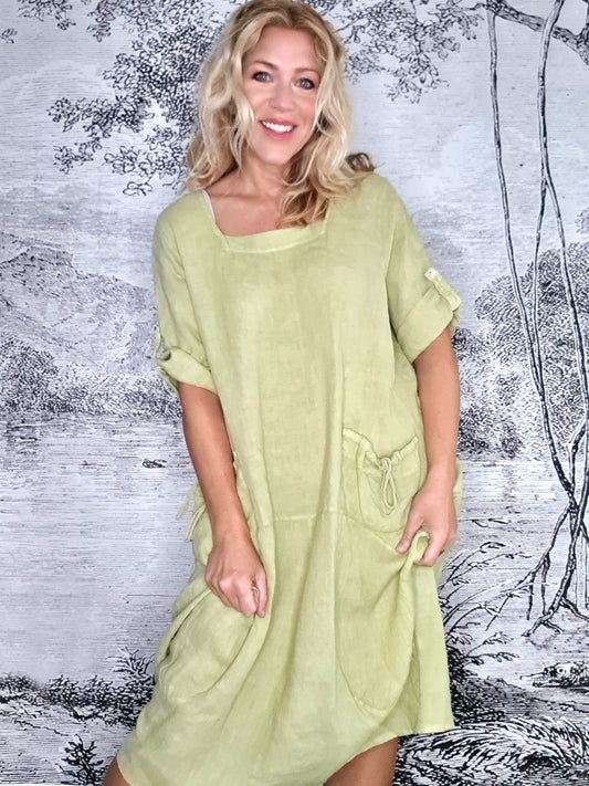 Antique Lime Plain Button Sleeve Maxi Dress