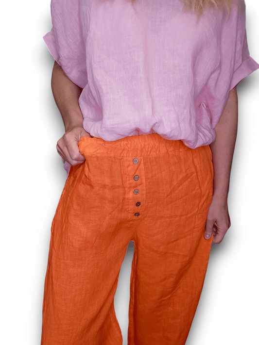 Orange Plain Front Button Pants