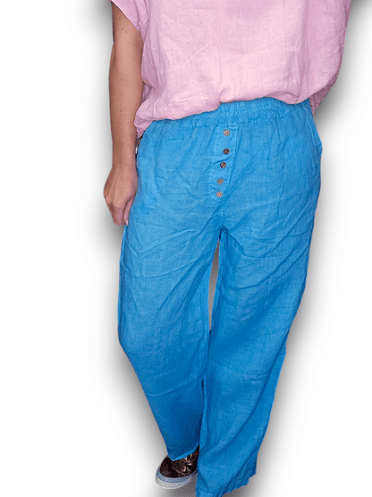 Turquoise Plain Front Button Pants