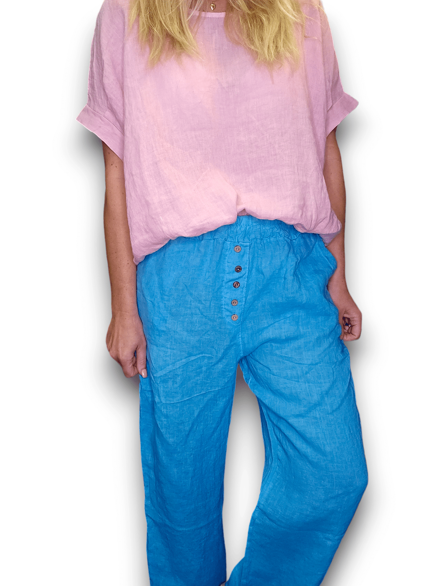 Turquoise Plain Front Button Pants