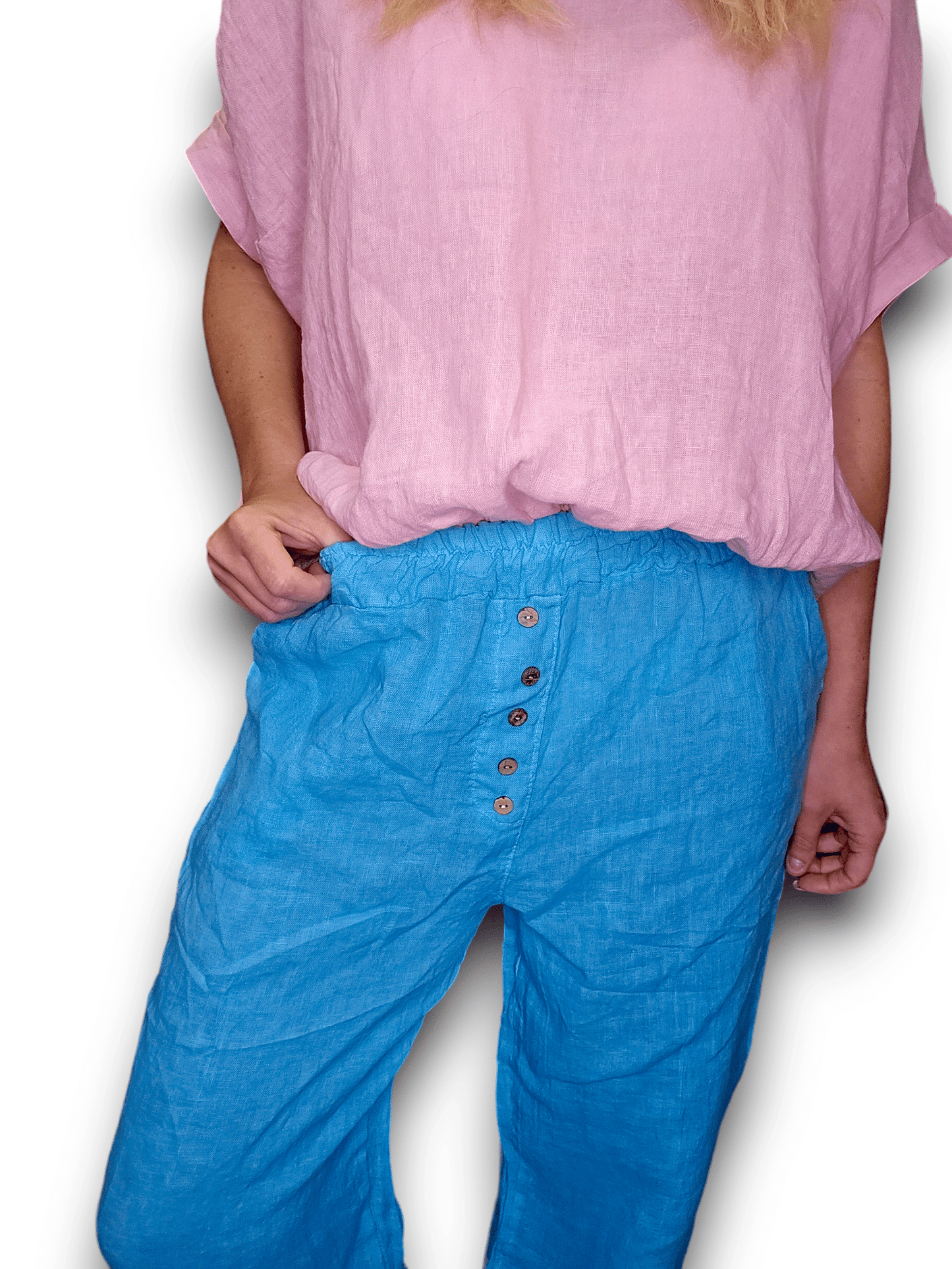 Light Turquoise Plain Front Button Pants