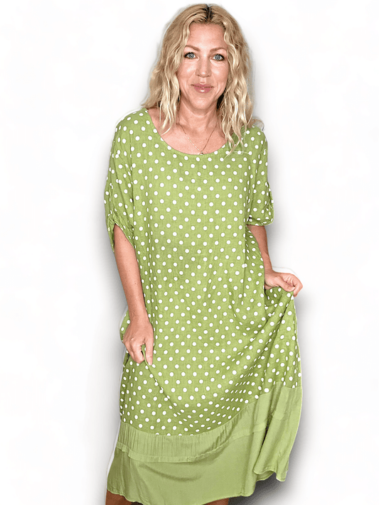 Lime Polka Dot Button Sleeve Hem Dress