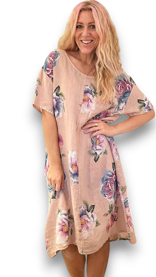 Baby Pink Ombre Peony Easy Peasy T-Shape Dress