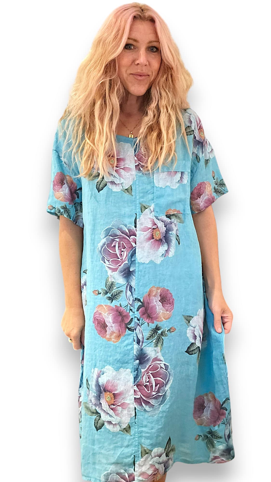 Turquoise Ombre Peony Easy Peasy T-Shape Dress