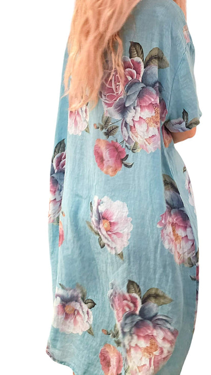 Baby Blue Ombre Peony Easy Peasy T-Shape Dress