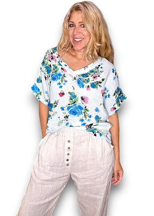 Light Mint Fresia Rose V-neck Miranda Tee