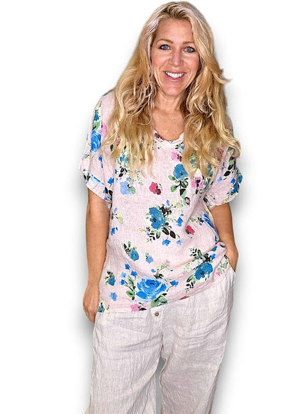 Baby Pink Fresia Rose V-neck Miranda Tee