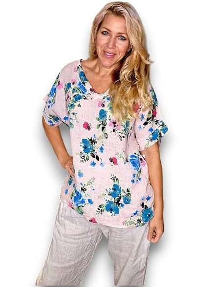 Baby Pink Fresia Rose V-neck Miranda Tee