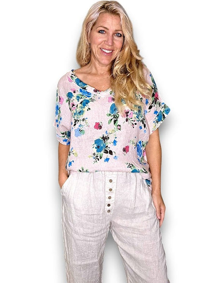 Baby Pink Fresia Rose V-neck Miranda Tee