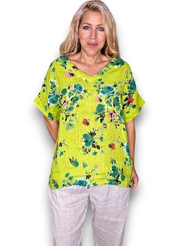 Bright Green Fresia Rose V-neck Miranda Tee