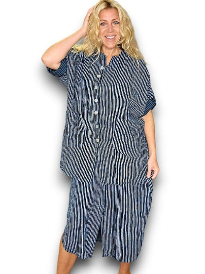 Dark Jade Stripe Pearl Buttons Shirt with Pockets
