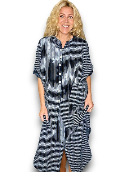 Dark Jade Stripe Pearl Buttons Shirt with Pockets