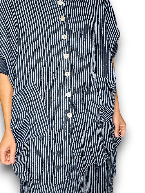 Dark Jade Stripe Pearl Buttons Shirt with Pockets