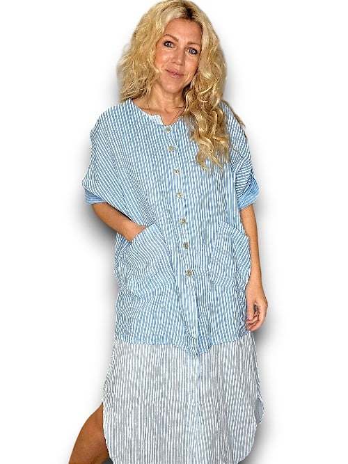 Sky Blue Stripe Pearl Buttons Shirt with Pockets