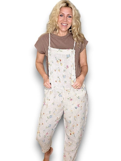 Beige Windy Bloom Tie it your way-Linen Jumpsuit